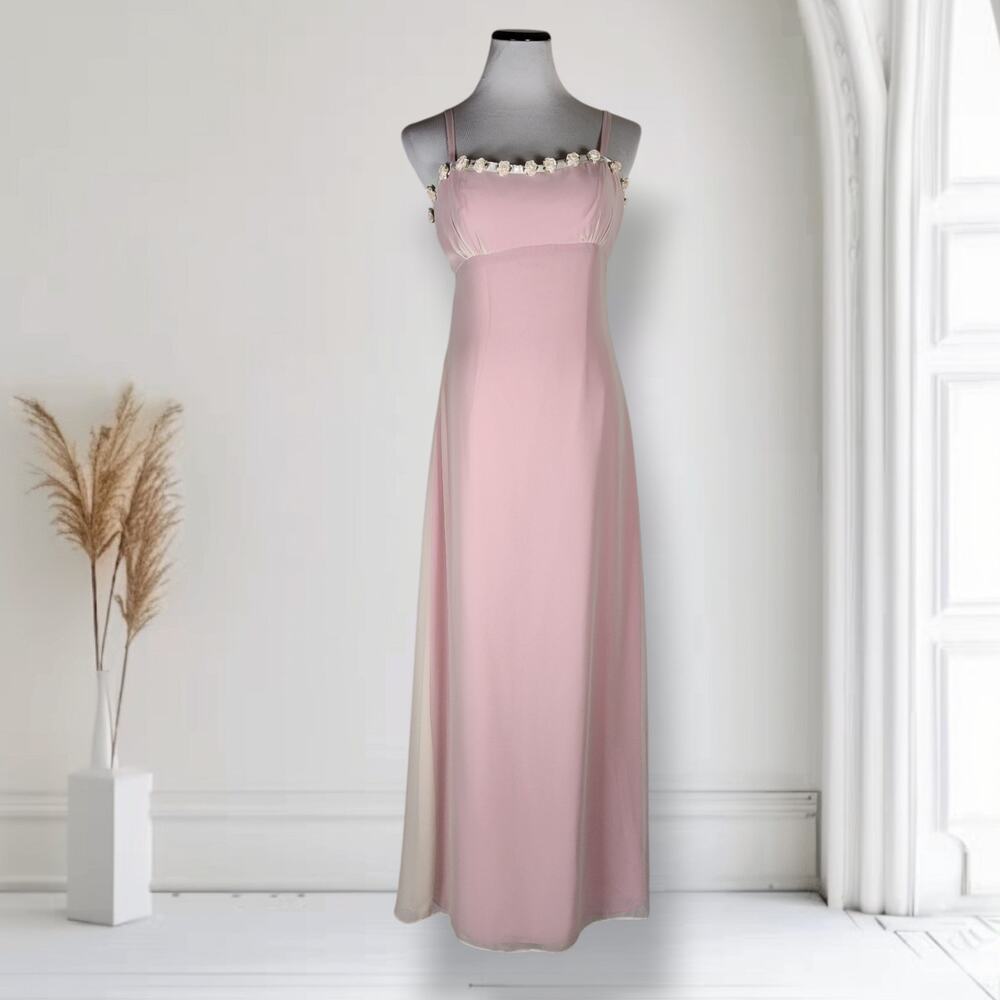 Vintage Jim Hjelm Blush Pink Chiffon Beaded Floral Maxi Gown Sz 4 USA Made